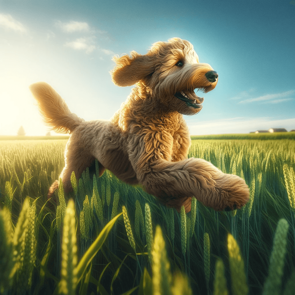 flat_coat_Goldendoodle_running_through_a_field_of_tall_green_grass_under_a_clear_blue_sky