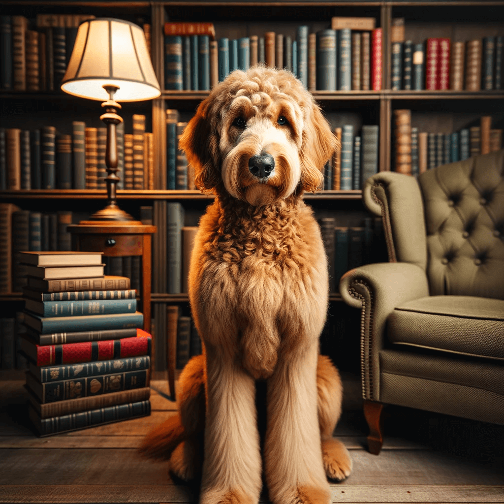 flat_coat_Goldendoodle_sitting_obediently_in_a_cozy_home_library._The_dog_should_have_an_intelligent_gaze_surrounded_by_shelf