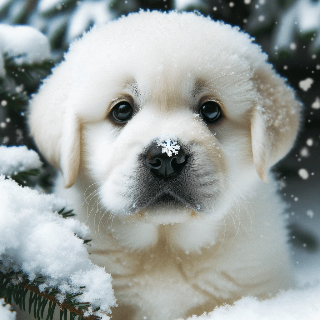 fluffy_white-coated_Labrador_puppy_experiencing_its_first_snowfall_with_snowflakes_gently_resting_on_its_nose