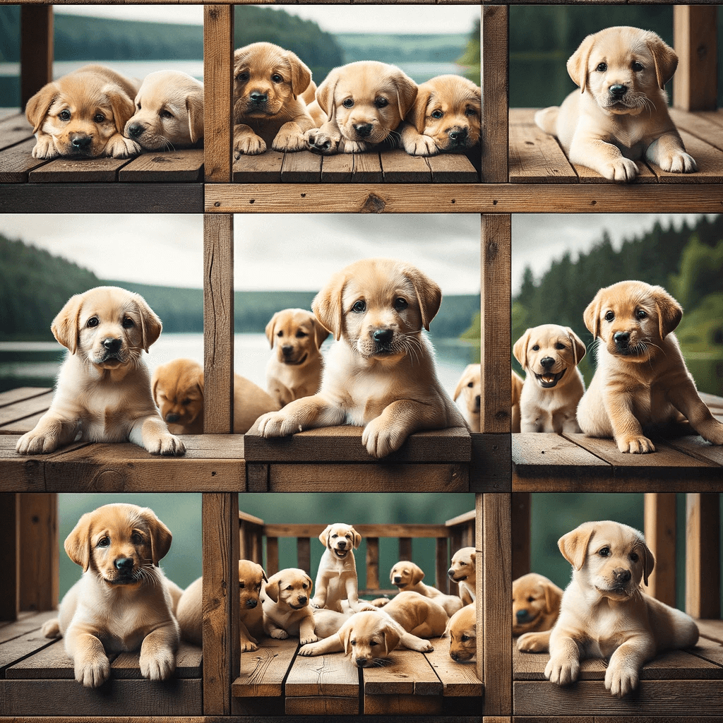 green_Labrador_puppies_with_a_hint_of_green_in_their_fur_sitting_on_a_wooden_deck