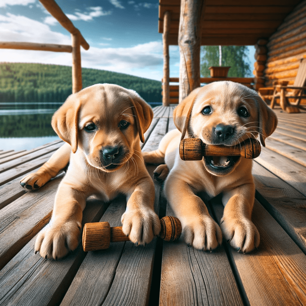 green_playful_Labrador_puppies_with_a_hint_of_green_in_their_fur_sitting_on_a_wooden_deck