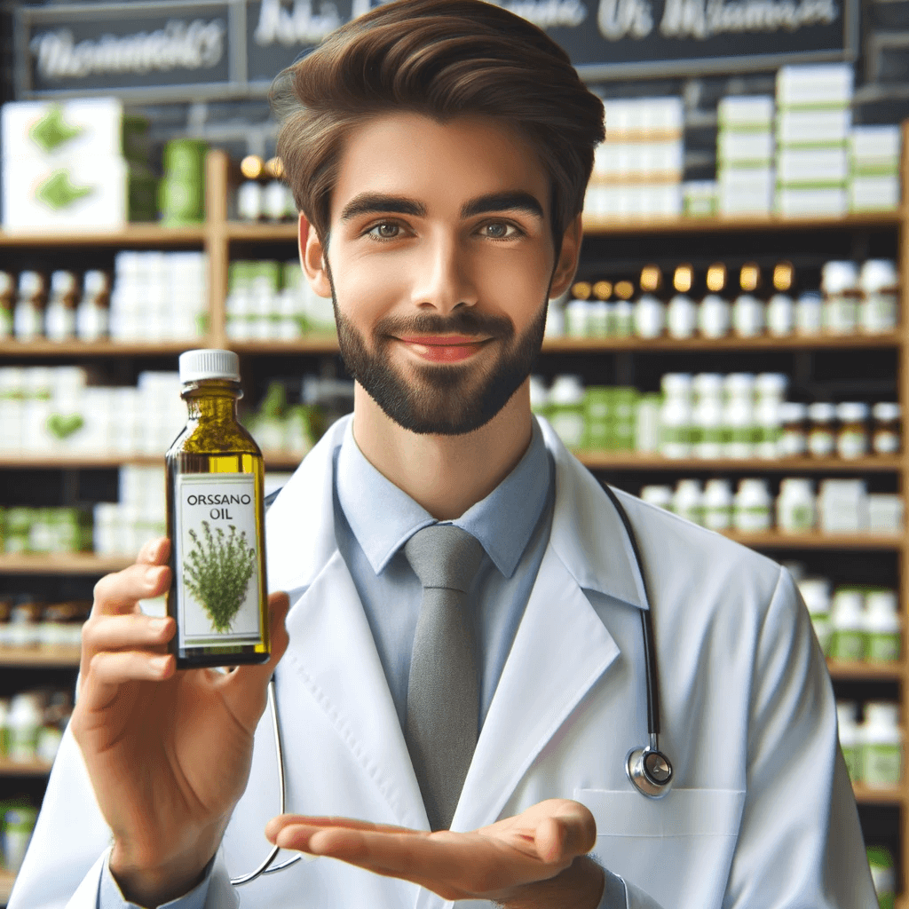 herbalist_holding_a_bottle_of_oregano_oil_and_explaining_its_benefits_with_shelves_of_herbal_products_in_the_background