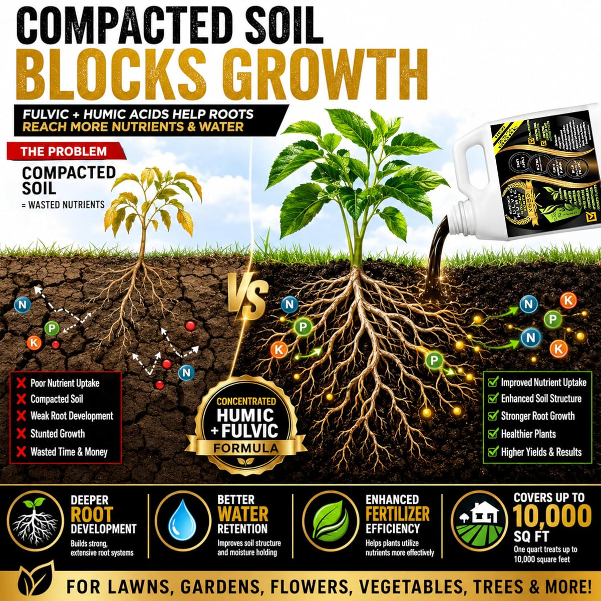 Liquid Aeration for Lawn - Humic & Fulvic Acid, Covers 10,000 Sq Ft