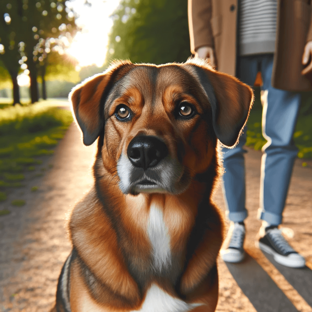 mature_Labahoula_dog_with_a_glossy_brown_coat_sitting_on_a_path_with_a_human_partially_in_view