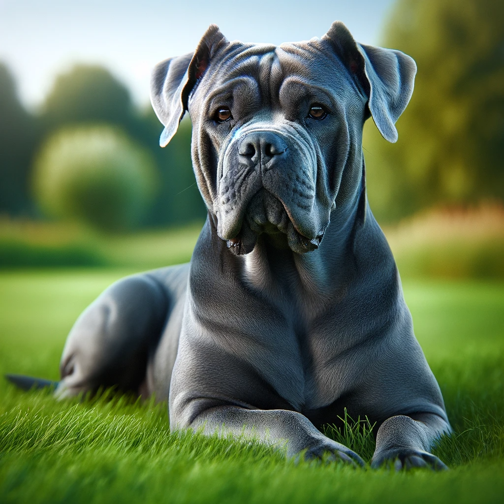 muscular_Blue_Cane_Corso_dog_with_cropped_ears_is_lying_down_on_a_grassy_field