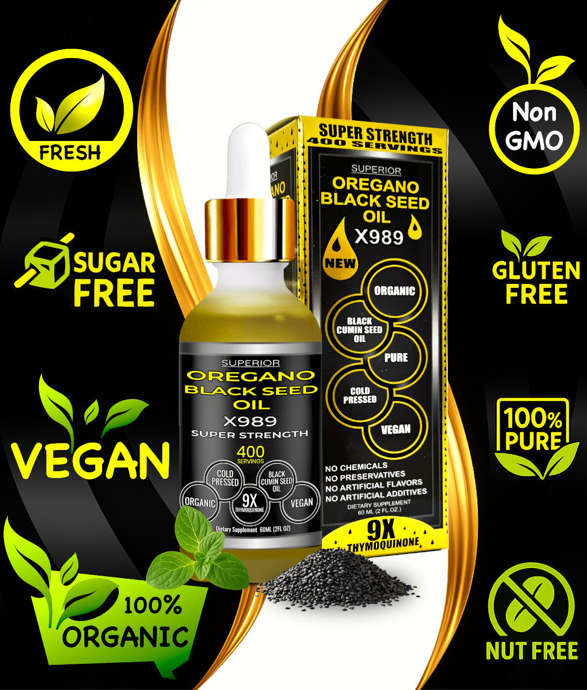 Oregano Black Seed Oil drops non gmo sugar free vegan 100% organic 100% pure fresh herbal supplement