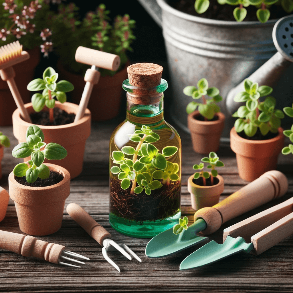 oregano_oil_bottle_surrounded_by_miniature_garden_tools_and_potted_oregano_plants