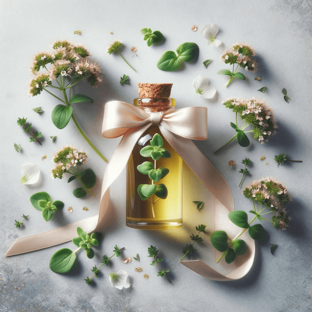 oregano_oil_bottle_with_a_satin_ribbon_surrounded_by_fresh_oregano_and_petals