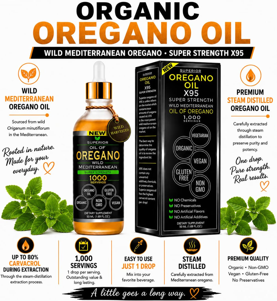 Oregano Oil Drops - 1,000 Servings | Organic Wild Mediterranean Oregano Oil