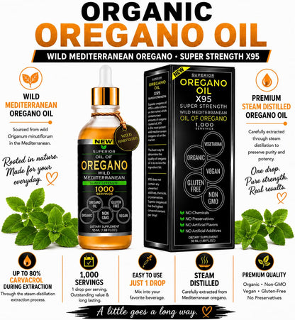 Oregano Oil Drops - 1,000 Servings | Organic Wild Mediterranean Oregano Oil