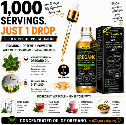 Oregano Oil Drops - 1,000 Servings | Organic Wild Mediterranean Oregano Oil