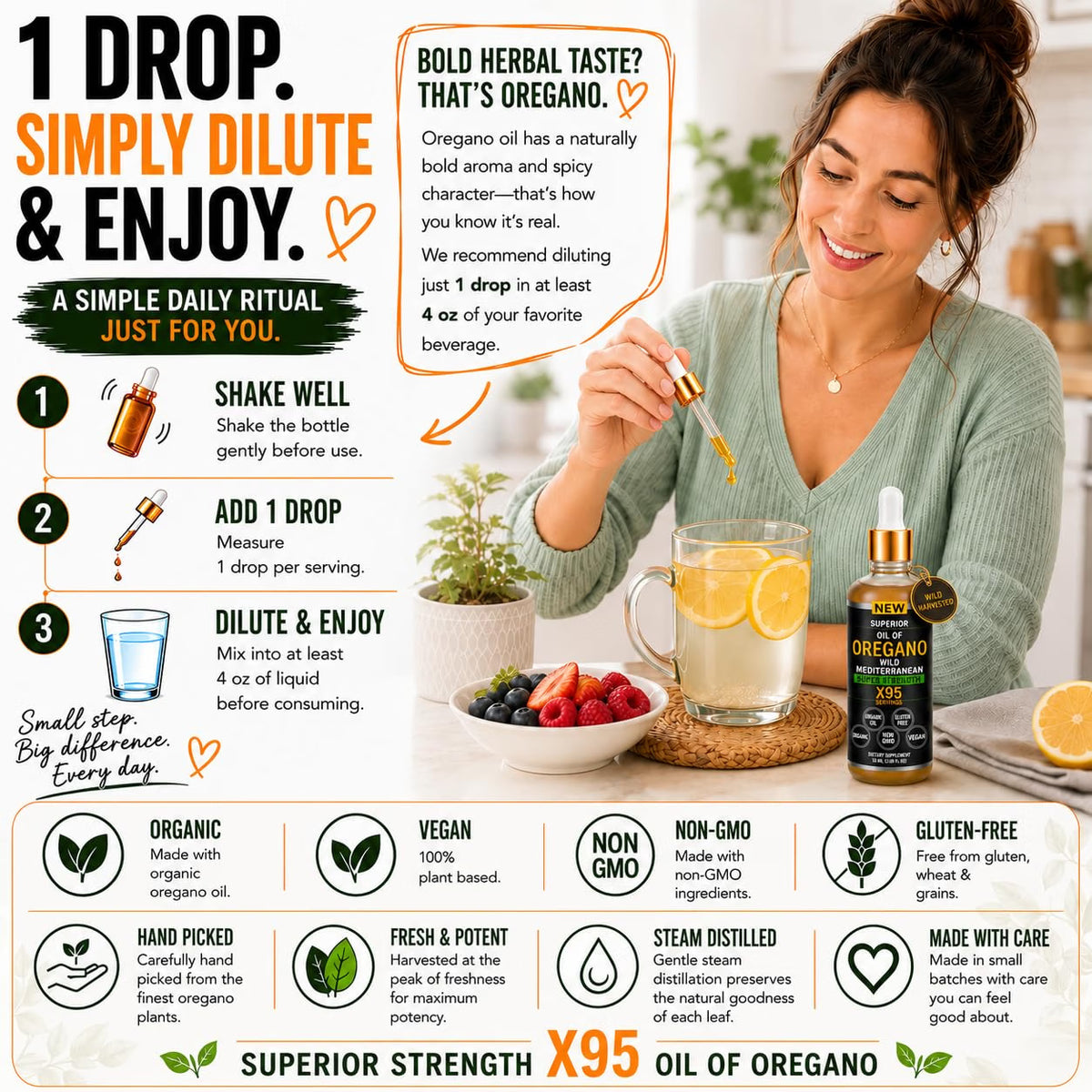 Oregano Oil Drops - 1,000 Servings | Organic Wild Mediterranean Oregano Oil