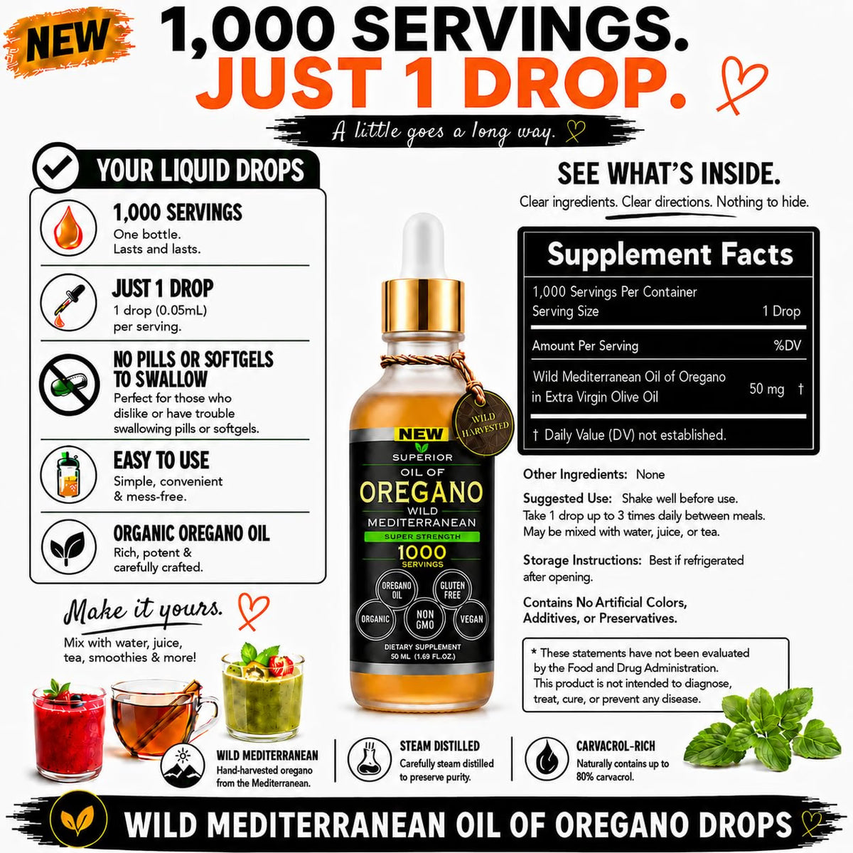 Oregano Oil Drops - 1,000 Servings | Organic Wild Mediterranean Oregano Oil