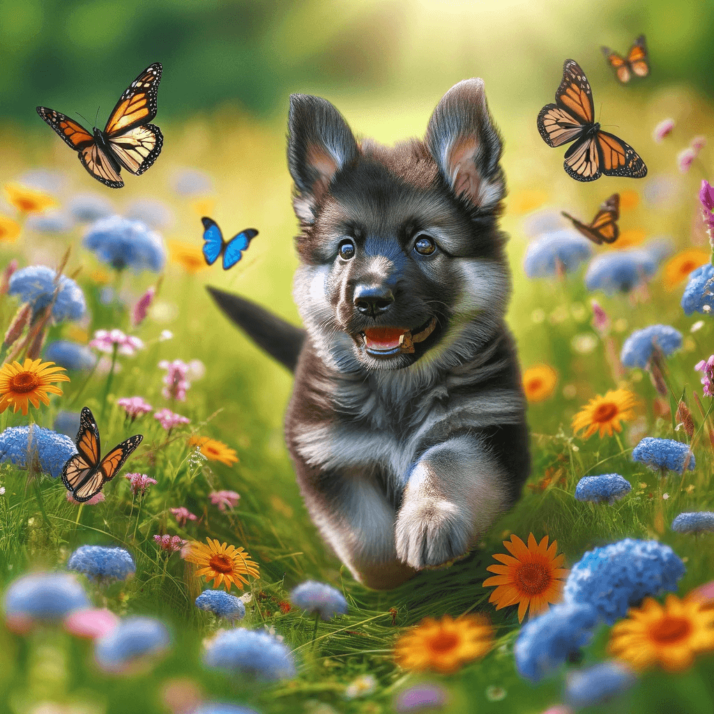 playful_Blue_German_Shepherd_puppy_frolicking_in_a_meadow_full_of_wildflowers_with_butterflies_fluttering_around