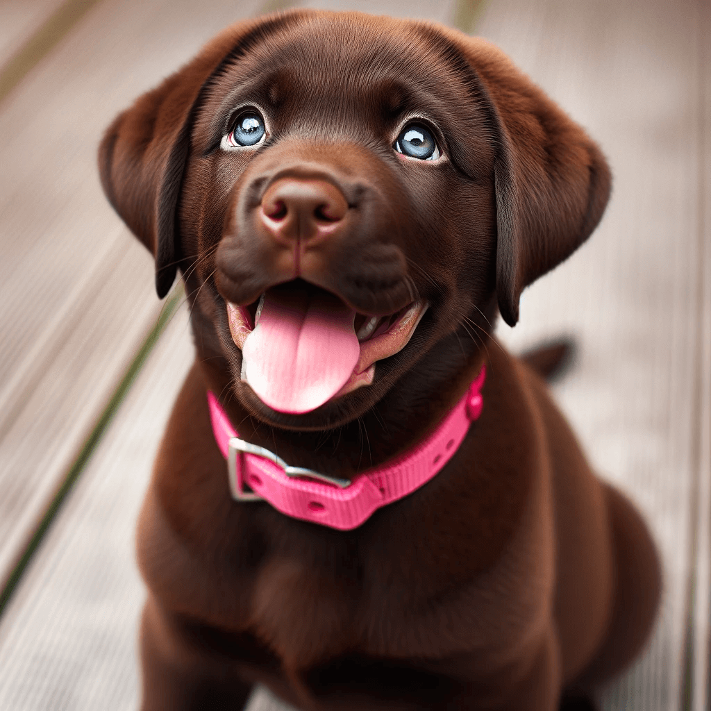 playful_chocolate_Labrador_puppy_with_a_bright_pink_collar_its_tongue_out_in_a_pant_looking_up_as_if_responding_to_a_call_with_blue_eyes