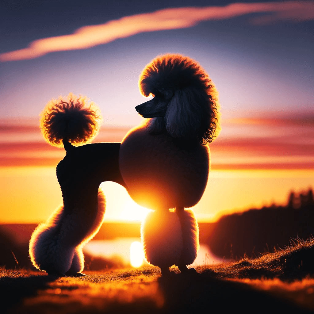 silhouette_of_a_Parti_Poodle_at_sunset_capturing_the_elegant_outline_of_its_curly_coat_against_the_backdrop_of_a_vibrant_sky