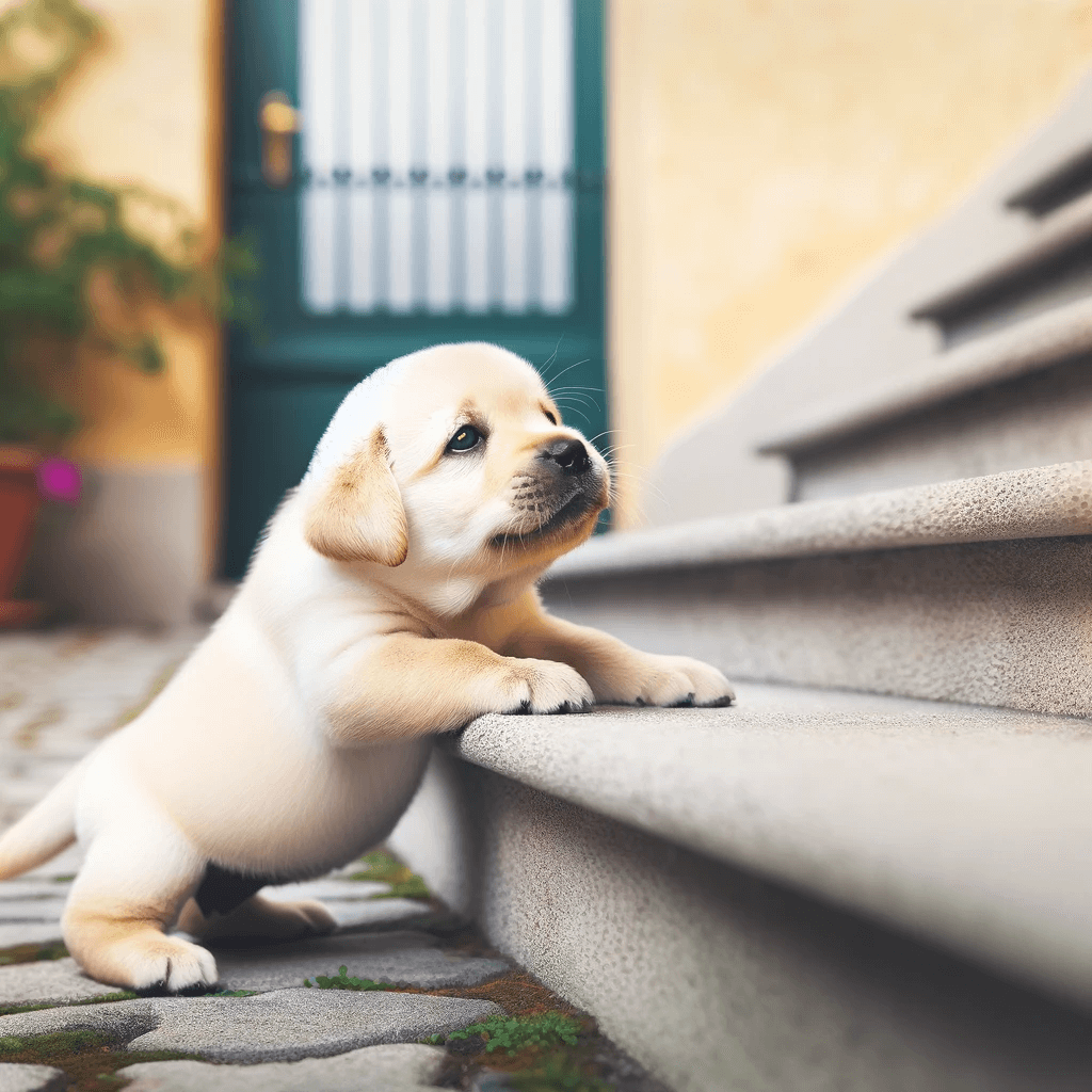 tiny_Labrador_puppy_bravely_attempting_to_climb_a_seemingly_giant_staircase_showcasing_determination_and_curiosity