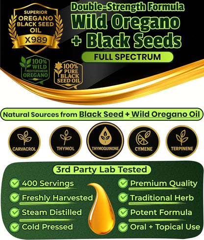 Pure Wild Oregano and Black Seeds with health benefits and features. freshl harvested cold pressed steam distilled potent formula traditional herb for oral and topical use