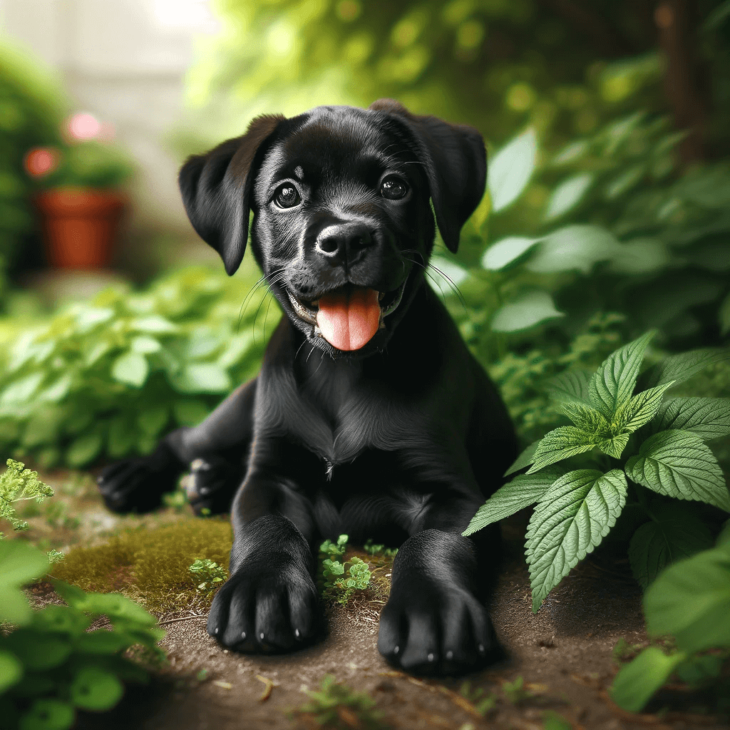 young_black_Boxer-Lab_mix_black_Boxador_puppy_lounging_on_the_ground_surrounded_by_lush_greenery_looking_at_the_camera_with_a_joyous_expression_a