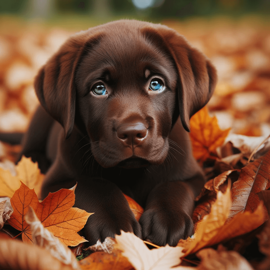 young_chocolate_Labrador_puppy_lying_amidst_autumn_leaves_its_blue_eyes_full_of_curiosity_looking_slightly_to_the_side